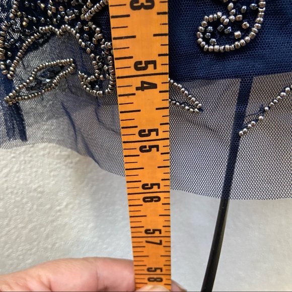 Pisarro Nights Beaded Mesh Column Gown SZ 4 Navy D2451 3/4 sleeve - Picture 7 of 13